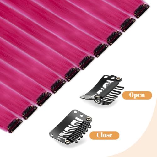 Hot Pink Colored Clip in Hair Extensions, Synthetic Hair for Girls - Image 5
