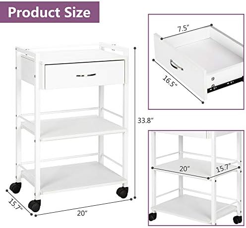 Salon Trolley Cart with Wheels, Wooden Rolling Storage Station, Mobile Utility Cabinet with 1 Drawer 2 Trays, Medical Esthetic Supply for Beauty SPA Massage Tattoo Facials, White - Image 2