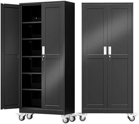 75" Metal Garage Storage Cabinet with Wheels and Locking Doors and Tall Rolling Steel Tool Cabinet with 5 Adjustable Shelves for Garage,Home,Office,Shop (Black, 75''H x 32''W x16''D) by AUEYTVR