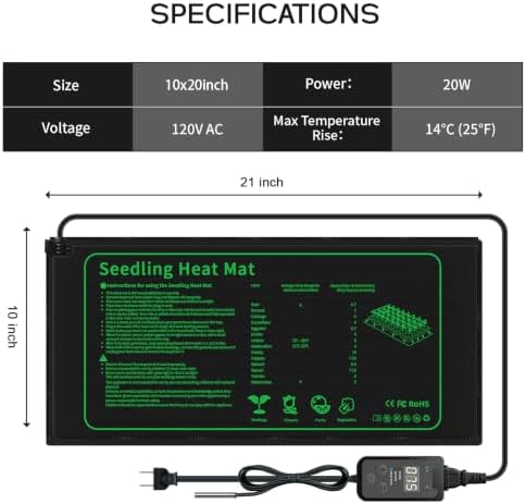 SYSAI Seedling Heat Mat 20" x 10" with Digital Thermostat, Waterproof Heating Pad for Indoor Seed Starting, Germination, Greenhouse & Reptile Tank - Image 2
