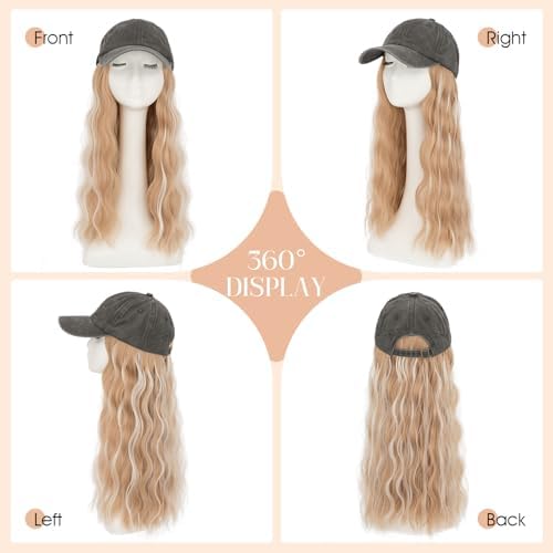 Rich Choices Hat Wigs for Women,Dark Gray Baseball Cap with Hair Extensions for Women,Caps with Wavy Curly Long Hair Attached Adjustable Baseball Cap Wig 18 Inch Highlighted Honey Blonde Hair - Image 5