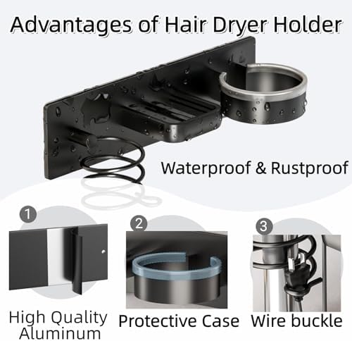 Hair Dryer Holder Wall Mounted Blow Dryer Holder Curling Iron Holder Straightener Holder 3 in 1 Bathroom Metal Hair Tool Organizer Rack（Black） - Image 2