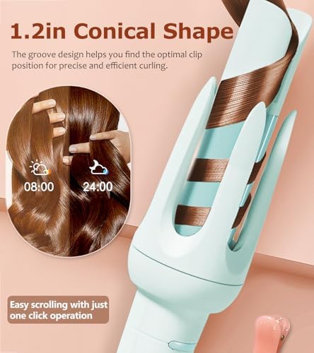 Auto Hair Curler, Automatic Curling Iron with 4 Temperature & 3 Timer, Automatic Shut-Off, Anti-Scald, Anti-Tangle Rotating Curling Wand for Hair Styling, Blue - Image 2