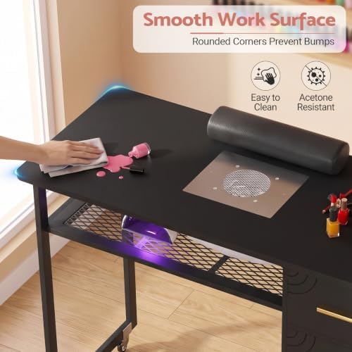 Manicure Table Nail Desk with Dust Collector & Wheels (Black) - Image 6