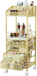 HapiRm Makeup Organizer Storage Cart - Floor Skincare Make Up Storage with 4 Drawers, Rolling Makeup Cart Vanity Organizer Cosmetics Display Cases Holder for Skin Care Perfume Nail Polish, Gold by HapiRm