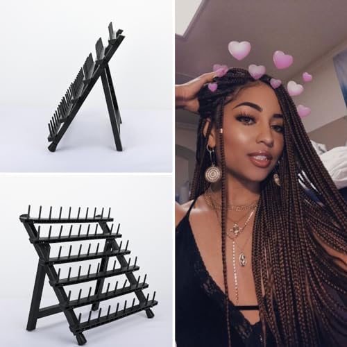 60-Peg Braiding Hair Rack, Foldable Hair Extension Holder with Tools, Black - Image 5