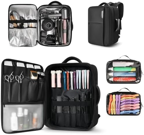 Barber Bag with 2 Pouches, Professional Hairstylist Travel Backpack with Adjustable Dividers, Hairdresser Hair Tools Bag with Insulated Pocket, Cosmetology Bags for Supplies, Water-resistant, Black by AUROTIER