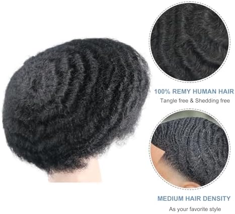 Man Weave Hair Unit 6inch hair length 360 Wave Skin Pu for Black Men 100% Human Hair Afro 12mm Toupee African American MenToupees 8x10inch 1# Jet Black - Image 4