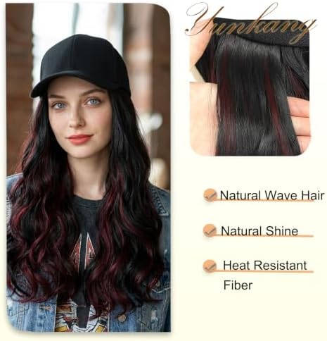 Hat Wig Baseball Cap with Long Wavy Wig Layered Highlights Burgundy Hair - Image 5