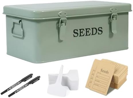 Seed Storage Organizer, 4 Compartment Seed Storage Box with Safety Lock, Metal Seed Box Container with 2 Pens, 20 Plant Labels and 50 Seed Envelopes for Seed Packet & Small Garden Tool, Green by Xbopetda