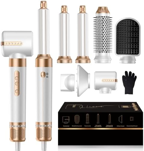 7 in ONE Hair Dryer Brush, Powerful Blow Dryer Brush with Air Curler for Hair, Brush Blow Dryer with Diffuser, Ionic Hot Air Brush Fast Dry, Volumize, Curls, Straight, Hair Styling Tools 100-120V by OKWRAP