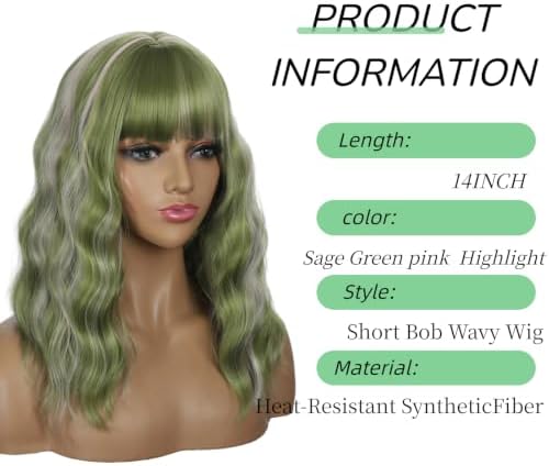 Sebast Pastel Bob Wigs with Bangs for Women Loose Wavy Wig Pastel Wavy Shoulder Length Bob Synthetic Cosplay Wig for Girl Colorful Costume Wigs (Sage Green pink Highlight) - Image 2