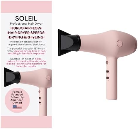 L’Ange Hair Soleil Professional Hair Dryer | Fast Drying Ionic Blow Dryer for Frizz-Free Results | 3 Heat Settings with Cool Shot Feature | Lightweight Hairdryer with Concentrator 1875W | Blush by LANGEHAIR