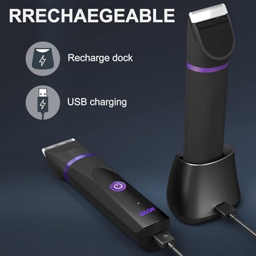 OLOV Electric Body Hair Trimmer - Groin Trimmer for Men - Bikini Trimmer Women - Wet/Dry Shaver Groomer, Replaceable Ceramic Blade Heads, USB Recharge Dock, Waterproof Hygiene Razor, Black Violet - Image 4