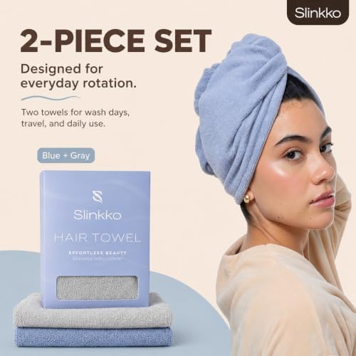 Microfiber Hair Towel Wrap for Women – Ultra Absorbent Quick Dry Turban | Button & Loop Design | Soft Lightweight Fabric | Reduces Frizz & Breakage | All Hair Types | Blue & Grey - Image 4
