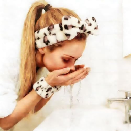 7 Pcs Spa Set, Facial Headband and Wristband Set, Skincare Accessories, College Style Girl Idea Gifts, Hair Accessories for Women and Girls （Beige Leopard ） - Image 4