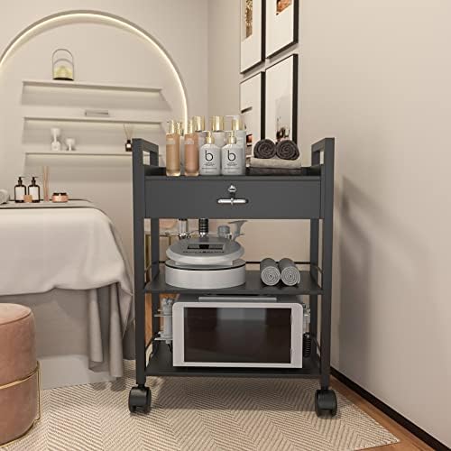 Paddie Salon Trolley Cart, Salon Tray Wooden Mobile Utility Cabinet with 1 Drawer 2 Trays, Rolling Storage Station Medical Esthetic Supply Holder for Beauty Spa (1 Drawer, Black) - Image 2