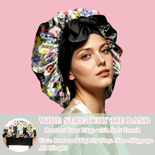 Satin Hair Braid Bonnet for Sleeping Double Layer Tie Band Elastic Wide Soft Silk Lined Nightcap Women Girls Cute - Image 5