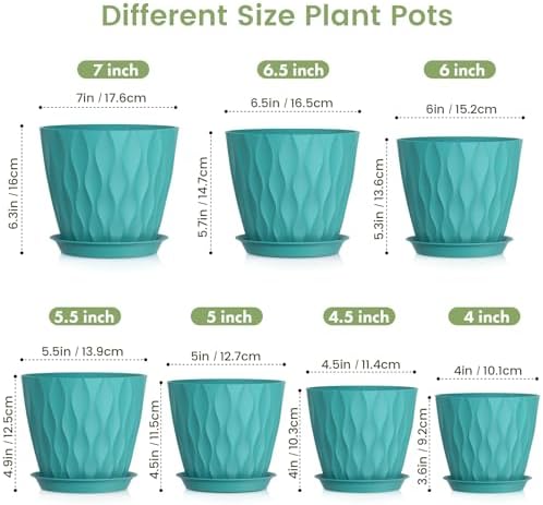Meowell 7/6.5/6/5.5/5/4.5/4 inch Plant Pots for Indoor Outdoor Plants, 7 Pack Thick Flower Pots with Drainage Holes and Saucers, Modern Wave Texture Small Plastic Planters Nursery Pots, Blue Green - Image 2