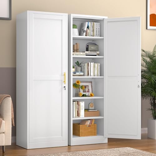 Tall Metal Narrow Bathroom Storage Locker Cabinet 67" H, White Kitchen Pantry Cabinets,File Cabinet Organizer with 5 Adjustable Shelves and Lockable Doors for Kitchen Home Office Living Dining Room - Image 6