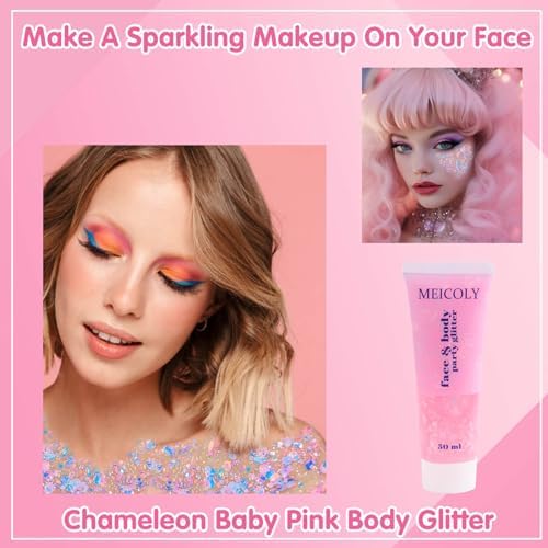 MEICOLY Chameleon Baby Pink Body Glitter,Pink Turn to Purple Face Glitter Paint,Holographic Color Changing Mermaid Hair Glitter Gel for Hair,Self-Adhesive Pink Halloween Glitter for Festival Party - Image 2