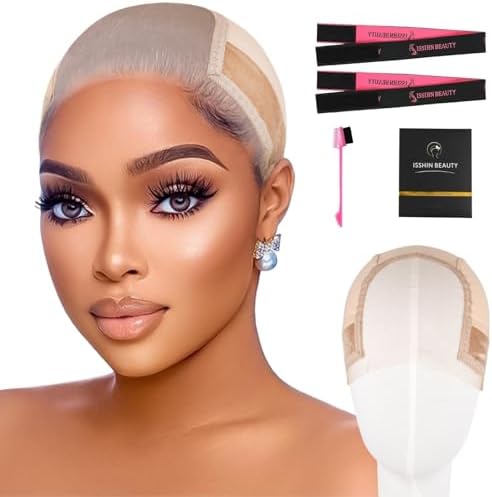 Lace Wig Grip Cap for Women - Medium Size Snug Fit 4x5 Transparent Swiss Lace Non-slip Glueless Wig Gripper with Ear-Cutouts Adjustable Headband (Light Brown) by IsshinBeauty