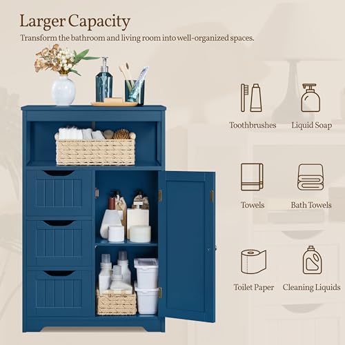 Yaheetech Small Bathroom Storage Cabinet with 3 Drawers, Navy Blue - Image 6