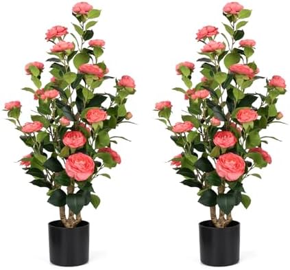 Romantic Season 2Pack Artificial Camellia Tree 3FT, Pink Faux Camellia Plant Fake Potted Camellia Flower Tree Plastic Camellia Tree for Modern Home Office Living Room Floor Décor Indoor by RomanticSeason