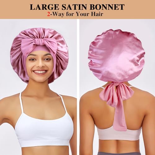 2+3 Large Satin Bonnets with Scrunchies for Women, Hair Bonnet Sleeping Tie Bonnet for Braids Curly Hair - Image 3