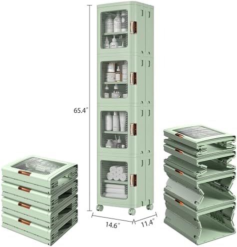 VECELO 4-Tier Narrow Storage Cabinet with Wheels, Light Green - Image 3