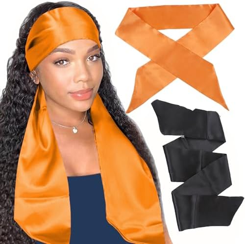 XTREND 2Pcs Satin Edge Control Scarf for Lace Wigs 58 Inch Silk Headbands Laying Scarf for Baby Hair Non Slip Hair Wrap Wigs Grip Band for Yoga, Makeup, Facial, Sport (1pc Black#+1pc Orange#) by XTREND