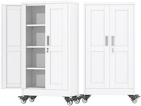 45.6" Metal Garage Storage Cabinet with Wheels and Locking Doors and Tall Rolling Steel Tool Cabinet with 3 Adjustable Shelves for Garage,Home,Office,Shop (White, 45.6''H x 23.7''W x11.8''D) by AUEYTVR