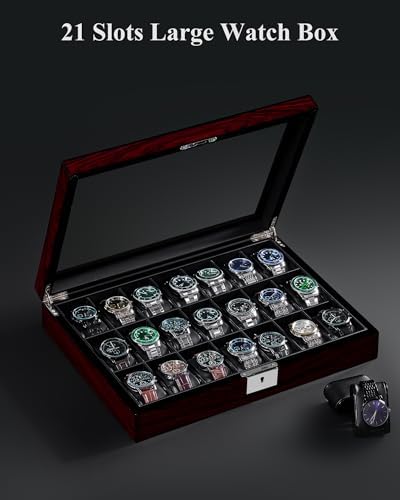High End 21 Slot Watch Cases for Men, Piano Paint, Lockable Large Glass Lid - Image 2