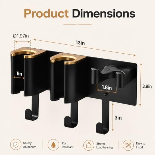 Hair Tool Organizer Wall Mount, 3 in 1 Vanity Organizer Hair Dryer and Curling Iron Holder, Curling Iron Holder Wall Mount, Blow Dryer Wall Mount Holder Black Gold Aluminum Alloy ABS - Image 5