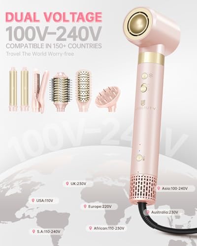 Hair Dryer Brush 8-in-1 Dual Voltage Hot Air Styler – Fast-Drying 110,000 RPM Ionic Blow Dryer with Straightener & Curler Attachments, Frizz-Free Volumizing Styler with Protective Hard Case-Pink - Image 3