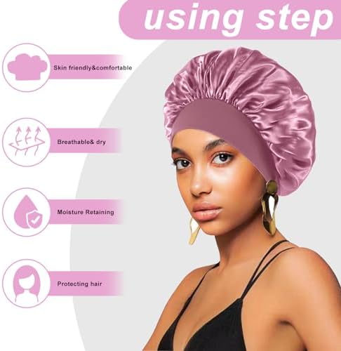 FIRSTPELLA 4PCS Silk Satin Bonnets for Black Women & Men - Elastic Wide Band Hair Wrap Cap for Curly Hair - Shower Cap for Sleeping (Black & Bean Paste Pink & Purple & Brown) - Image 3