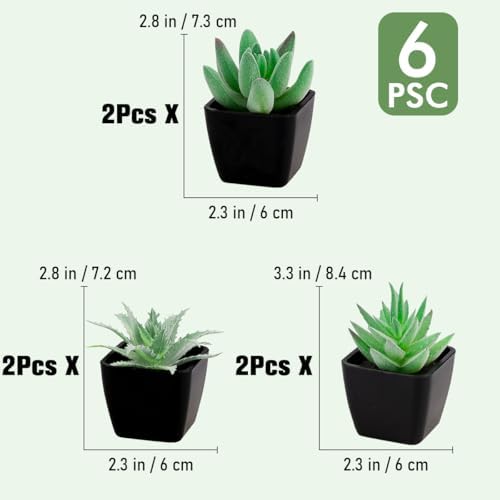 Woration 6pcs Small Faux Artificial Flocking Succulent Plants in Black Pots Fake Plastic Plants Topiaries for Shelf Table Windowsills Office Home Green Decoration - Image 3