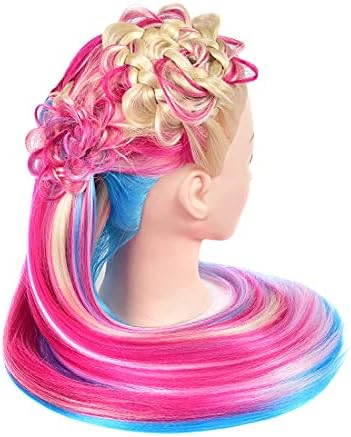 Mannequin Head with Long Synthetic Fiber Colorful Hair Styling Training Head 26-28inch Manikin Cosmetology Doll Head Hairdressing Training Model for Cutting Braiding Practice and Free Clamp Holder - Image 4