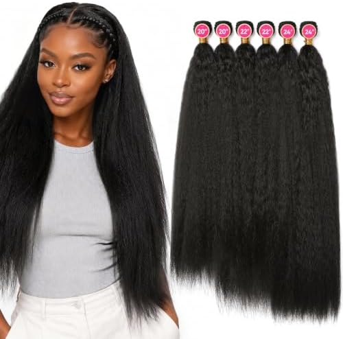REECHO Yaki Straight Hair Bundles, 6PCS Super Protein Fiber Kinky Straight Quick Weave Bundles 20 22 24 Inch Full Head Synthetic Hair Extensions for Women - Natural Black by REECHO