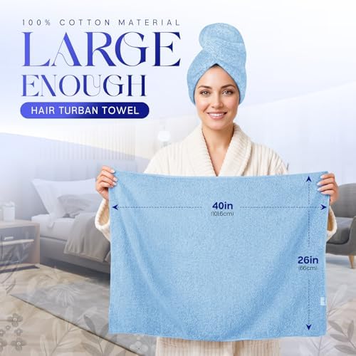Lili&James Cotton Hair Towel Wrap for Women/Kids | Quick Dry, Soft & Absorbent Hair Wrap Towels with Double Button (Pack of 1, Blue Large) - Image 2