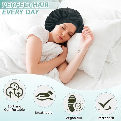 Silk Bonnet for Sleeping Women, Ajustable Hair Bonnet for Curly Hairs Satin Bonnet Reduce Friction Prevent Frizz Black，Large - Image 2