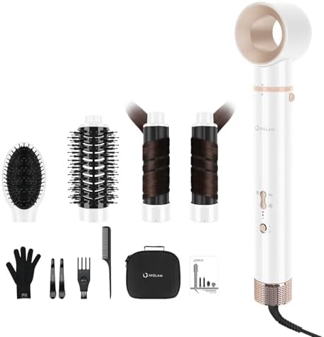 5 in 1 Blow Dryer Brush IG INGLAM MegaAir Hair Styler Brushless Hair Dryer Brush Left/Right Air Auto-Wrap Curler Hot Air Brush Negative Ions No Heat Damage Frizz-Free Drying Curling, White by INGLAM
