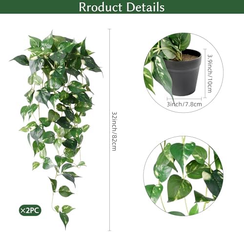 Artificial Hanging Plants with Pots - 33" Fake Pothos Silk Greenery for Indoor Outdoor, Realistic Faux Plants Potted for Shelves Bedroom Bathroom Trailing Plant, Dark Green 2 Pack - Image 2