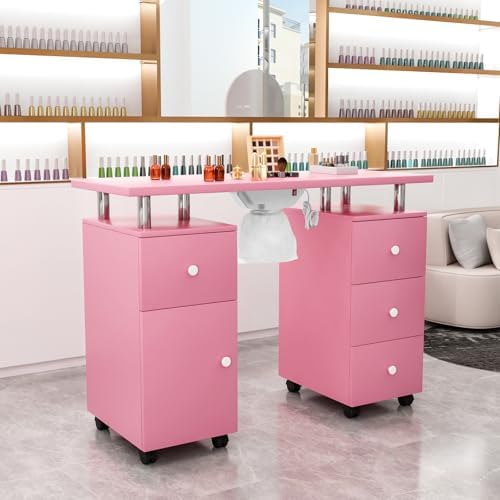 OmySalon Manicure Table Nail Desk for Nail Tech, Nail Table Station w/Electric Dust Collector, Nail Makeup Beauty Salon Storage Acetone Resistant w/Lockable Wheels,Wrist Cushion,4 Drawers&Cabinet - Image 2