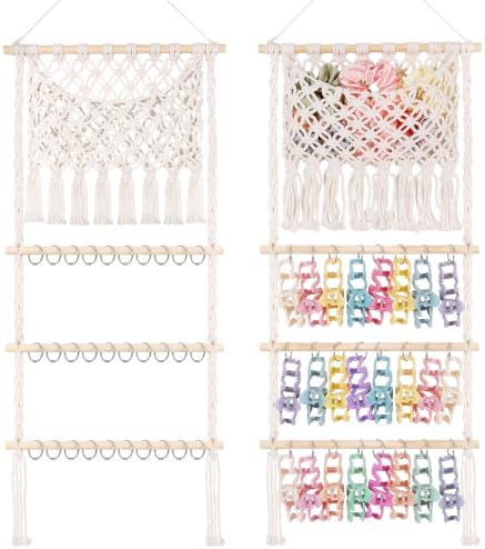 SNOWSTAR Macrame Hair Claw Clip Organizer,Large Capacity Mesh Bag Scrunchies Holder and Hair Ties Organizer for Women Girls,Hair Accessorie Hanging Storage Home Decor Wall,Door by WelcometoSNOWSTAR