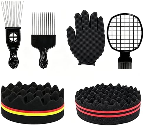 6PCS Afro Twist Hair Styling Kit for Men & Women, Curl Sponge Set with Metal Pick, Afro Comb, Glove & Grid Tool, Defining Tools for Natural Curly, Coily & Textured Hair by Unknown