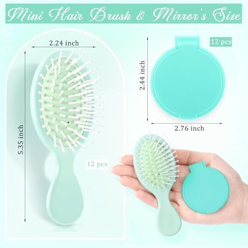 Meanplan 24 Pcs Mini Hair Brush Set Travel Wet Dry Hair Combs Pocket Detangling Compact Folding Makeup Mirrors for Spa Sleepover Birthday Bridal Shower Bachelorette Christmas Party Gift(Light Green) - Image 2