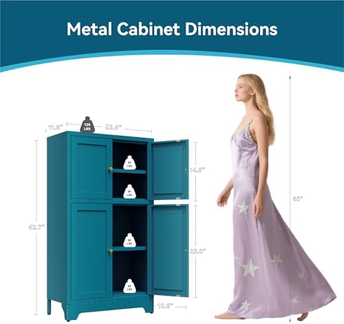 Bevivog Bathroom Floor Storage Cabinet,Metal Accent Cabinets with 4 Doors and 2 Adjustable Shelves,Blue Storage Locker Cabinets Organizer for Pantry Kitchen,Living Room,Hallway, Restroom - Image 3