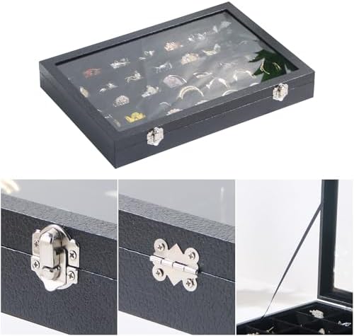 Coward Ring Earring Jewelry Organizer Box, 35 Grids Dustproof Display Holder Case, Black Velvet Jewelry Bead Display Tray Case with Transparent Glass Lid for Momen Girls - Image 3