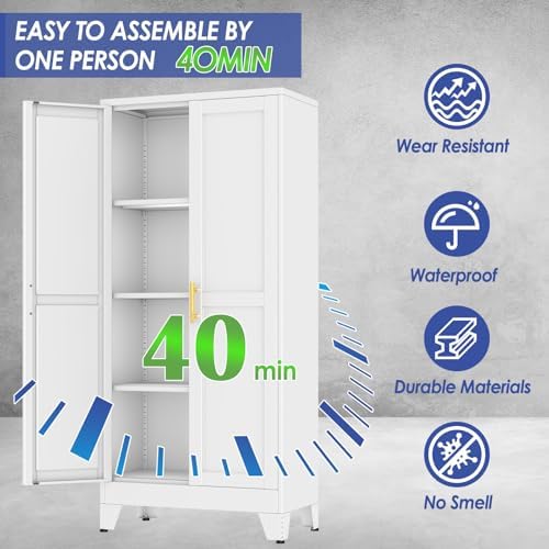 61" Metal Garage Storage Cabinet with 2 Doors and 3 Adjustable Shelves,Metal Storage Cabinets,Steel Tool Cabinets for Home,Office,Garage,Warehouse(White, 61''H x 27''W x 14''D) - Image 4